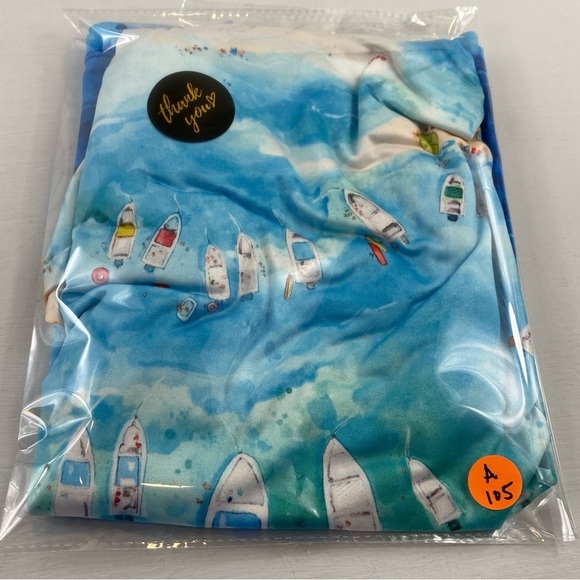 Art & Sol Amber Moran Blue Coastal Beach Boats Scene Top Blouse Sz Large - Picture 9 of 9